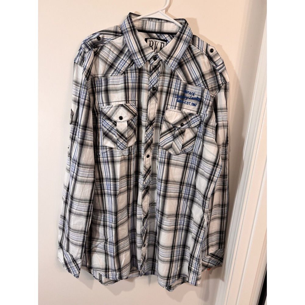 BKE Vintage 1967 Men's Athletic Fit Pearl Snap Long Sleeve Blue Plaid Shirt XL